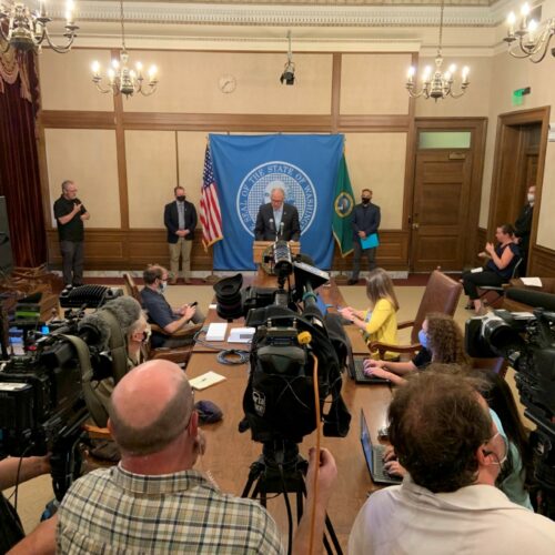 File photo of Gov. Jay Inslee during press conference Aug. 18 announcing vaccine mandate for people who work in K-12.