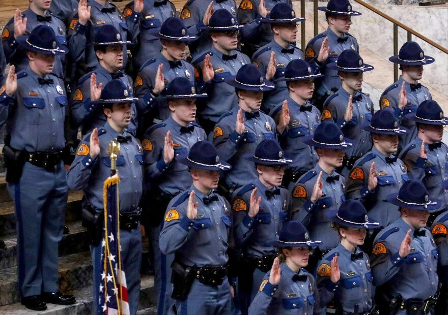 Thirty-one new Washington state troopers are sworn in Dec. 13, 2018. The WSP has long been under pressure to diversify its ranks.