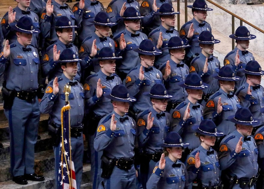 Thirty-one new Washington state troopers are sworn in Dec. 13, 2018. The WSP has long been under pressure to diversify its ranks.