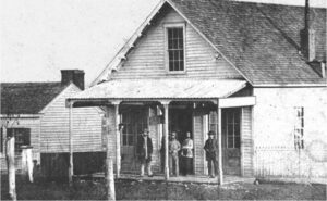 The Eagle Saloon in the 1870s. This building still stands in Jacksonville, but the adjacent Wetterer home and the brewery behind it is gone.