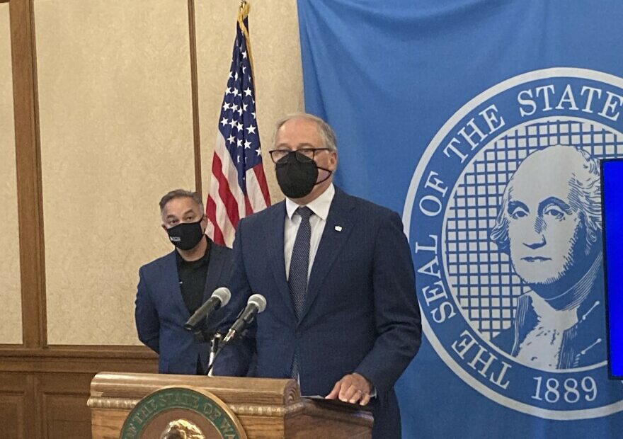 At a news conference on October 14, Gov. Jay Inslee said the state was following science and the law when deciding whether to accommodate employees who received medical or religious exemptions to his COVID-19 vaccine mandate.