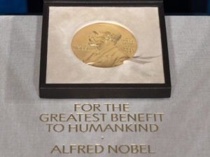 Displayed is a file photo of a Nobel Prize medal on Dec. 8, 2020. The Nobel Prize in economic sciences was awarded to three U.S-based professors for their pioneering work with "natural experiments."