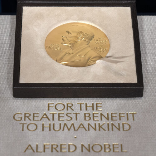 Displayed is a file photo of a Nobel Prize medal on Dec. 8, 2020. The Nobel Prize in economic sciences was awarded to three U.S-based professors for their pioneering work with "natural experiments."