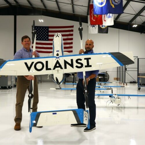 Volansi executives Mike Jackson, left, and Ahmad Ziada at the drone delivery company's nearly one year old Bend, Oregon, manufacturing facility.