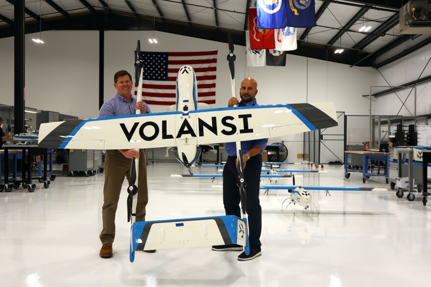 Volansi executives Mike Jackson, left, and Ahmad Ziada at the drone delivery company's nearly one year old Bend, Oregon, manufacturing facility.