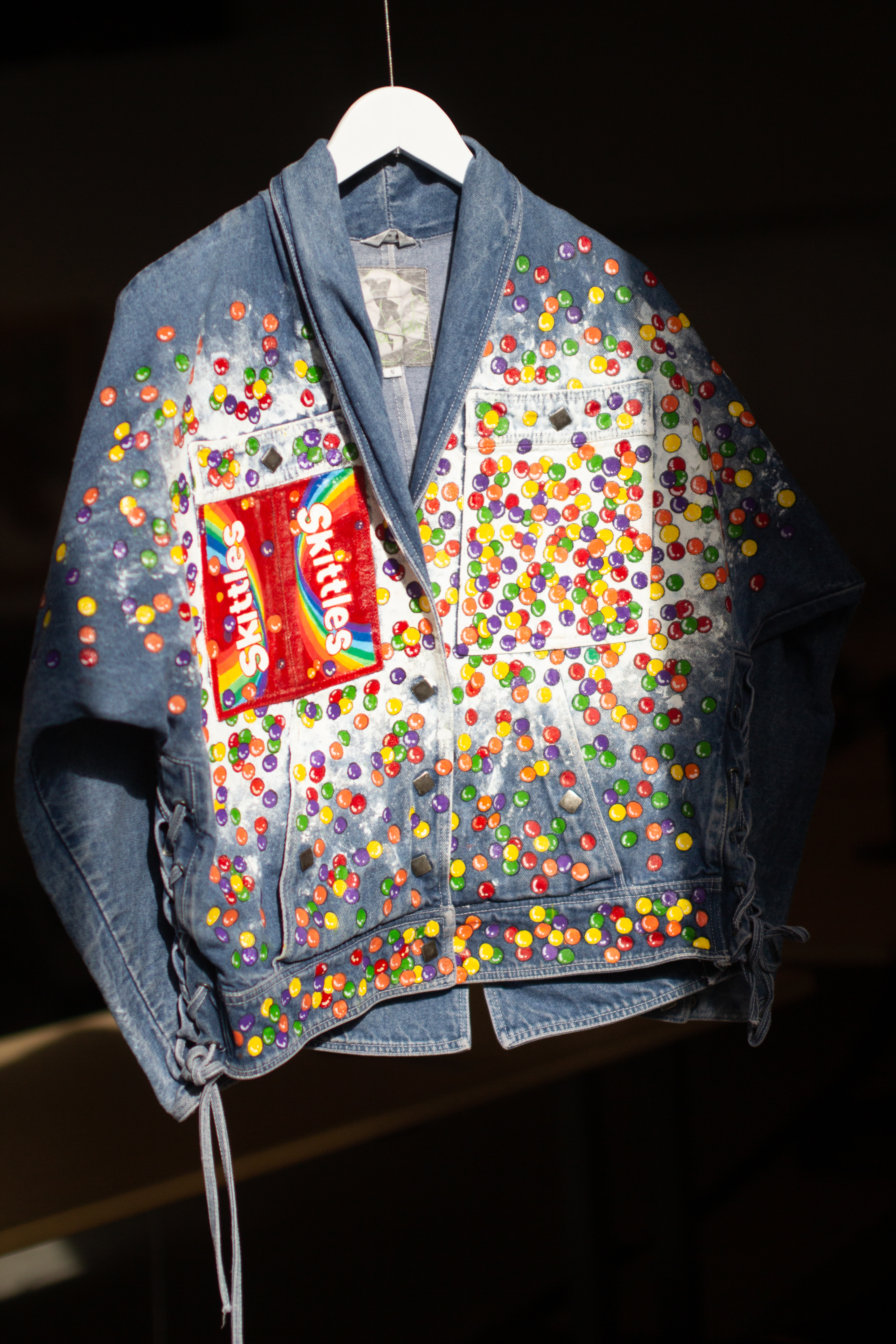 A jacket honoring Trayvon Martin is painted with Skittles, which the gunman who killed Martin said he mistook for a weapon.