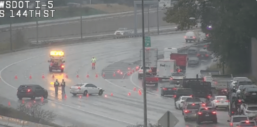 The Washington State Patrol and Department of Transportation closed I-5 near Tukwila and re-routed traffic off the freeway after a semi crash on Wednesday, October 20, 2021. Combined, the two agencies lost more than 550 workers as a result of Gov. Jay Inslee's COVID-19 vaccine mandate.