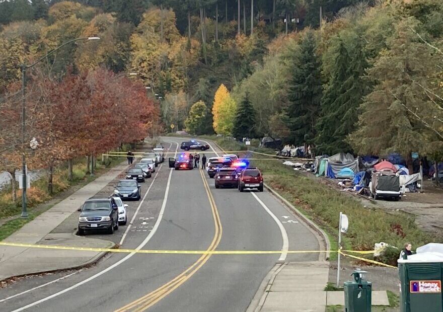 Police tape blocks access to Deschutes Parkway on the edge of Washington's Capitol Campus on Wednesday, October 27. The Washington State Patrol was investigating a midday shooting that sent one man to the hospital. It was the third violent crime in the same area in the month of October.