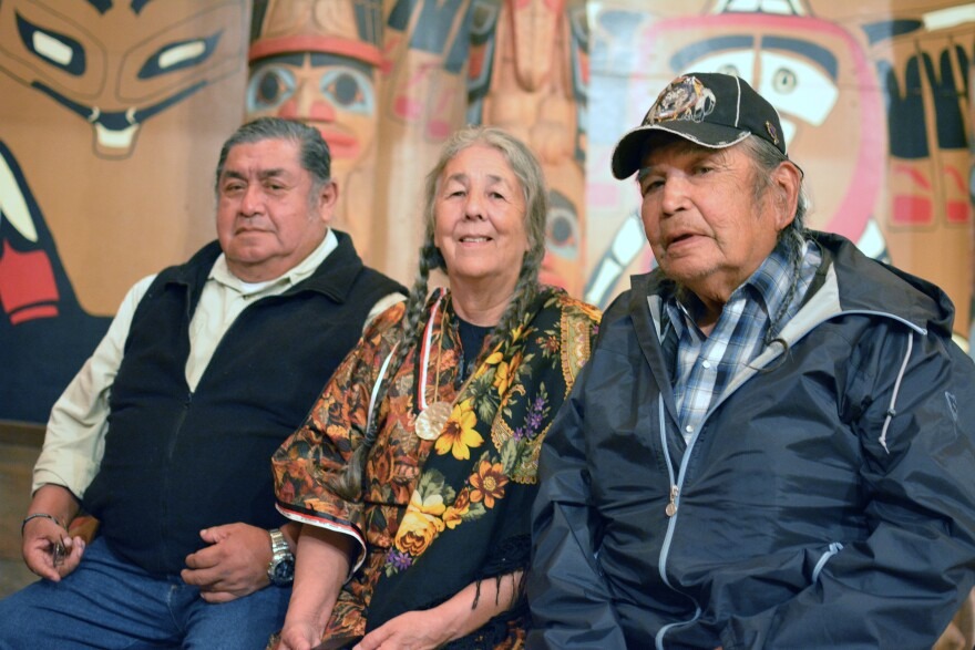 From left to right, hereditary chief Wilbur Slockish, tribal elder Carol Logan, and hereditary chief Johnny Jackson. The tribal leaders sued the federal government after a sacred site near Mount Hood was destroyed during a highway safety project.