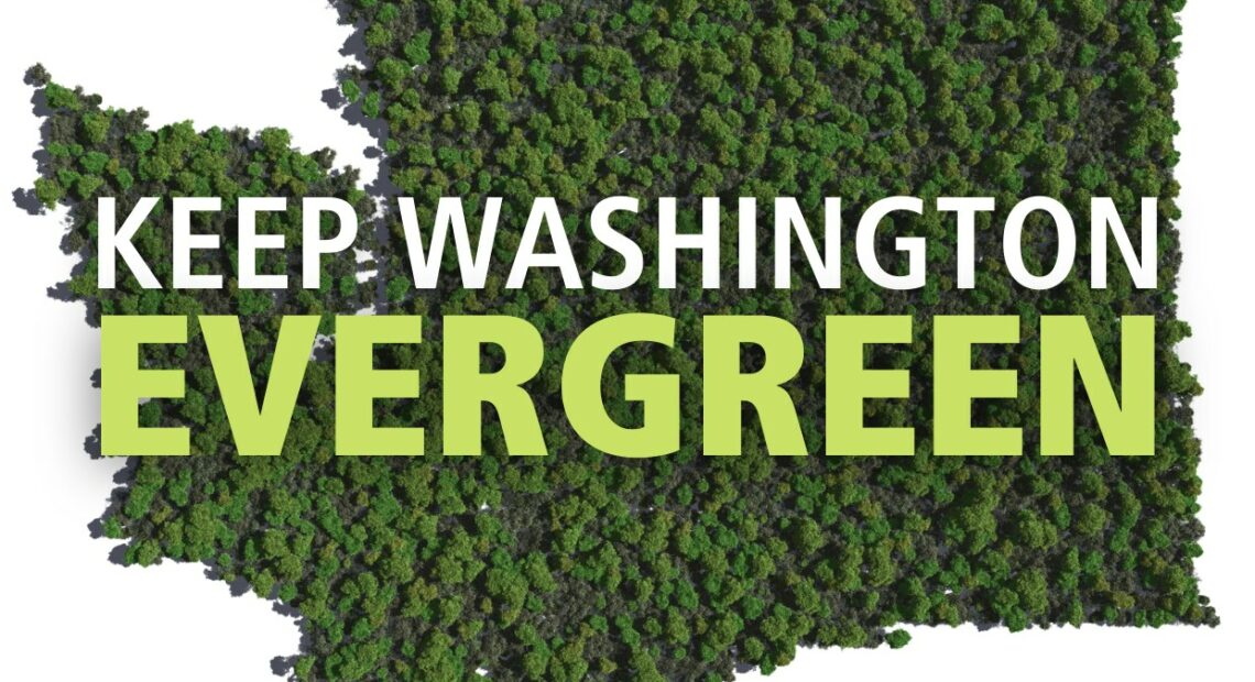 A image of Washington state filled with trees, with the text "Keep Washington Evergreen."