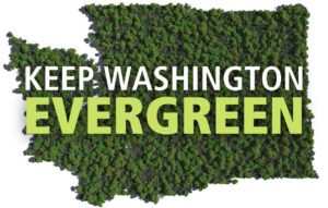A image of Washington state filled with trees, with the text "Keep Washington Evergreen."