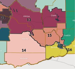 A colored map of Yakima's voting districts.