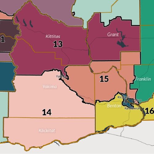 A colored map of Yakima's voting districts.