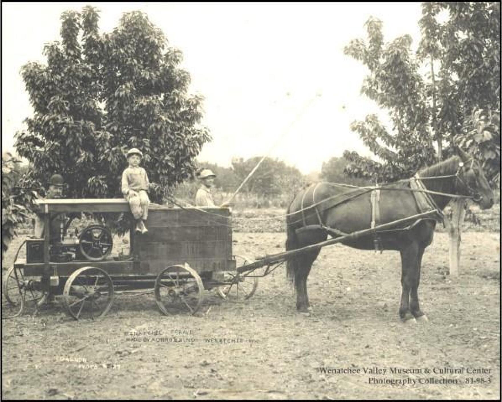 A Wenatchee sprayer made by A. D. Browning, Wenatchee. Two men, one with bamboo spray pole, and one small boy sitting on top of sprayer pulled by one horse in a fruit orchard in Wenatchee.