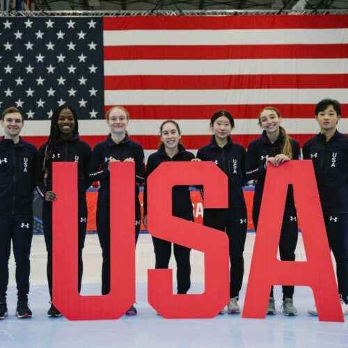 Washingtonians Corinne Stoddard of Federal Way (third from left) and Eunice Lee of Bellevue (third from right) punched their tickets to Beijing at the 2022 U.S. Olympic Short Track Speedskating Team Trials in December.