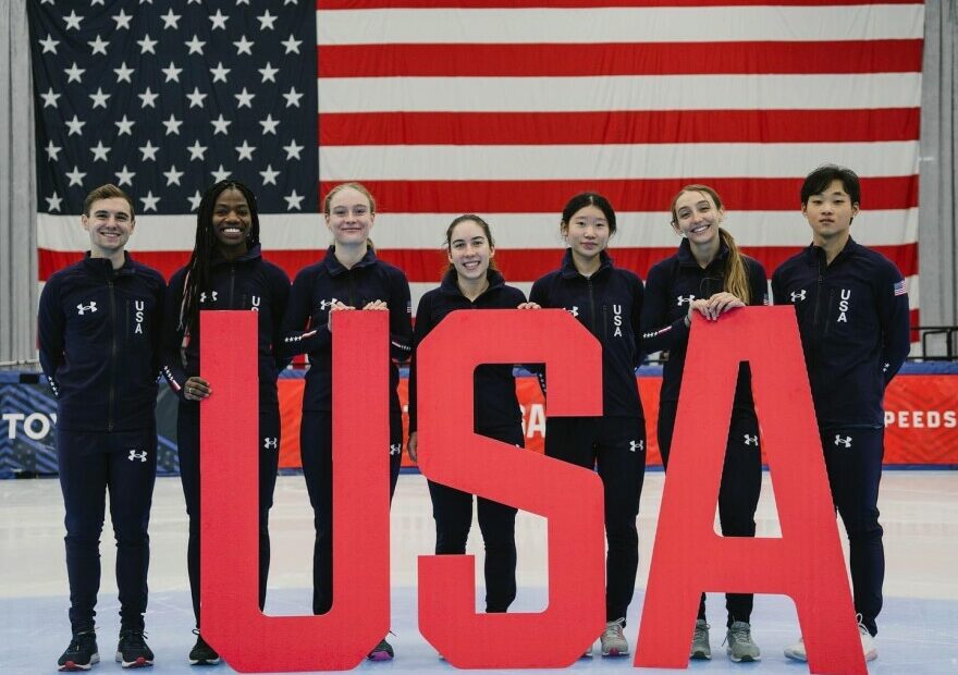 Washingtonians Corinne Stoddard of Federal Way (third from left) and Eunice Lee of Bellevue (third from right) punched their tickets to Beijing at the 2022 U.S. Olympic Short Track Speedskating Team Trials in December.