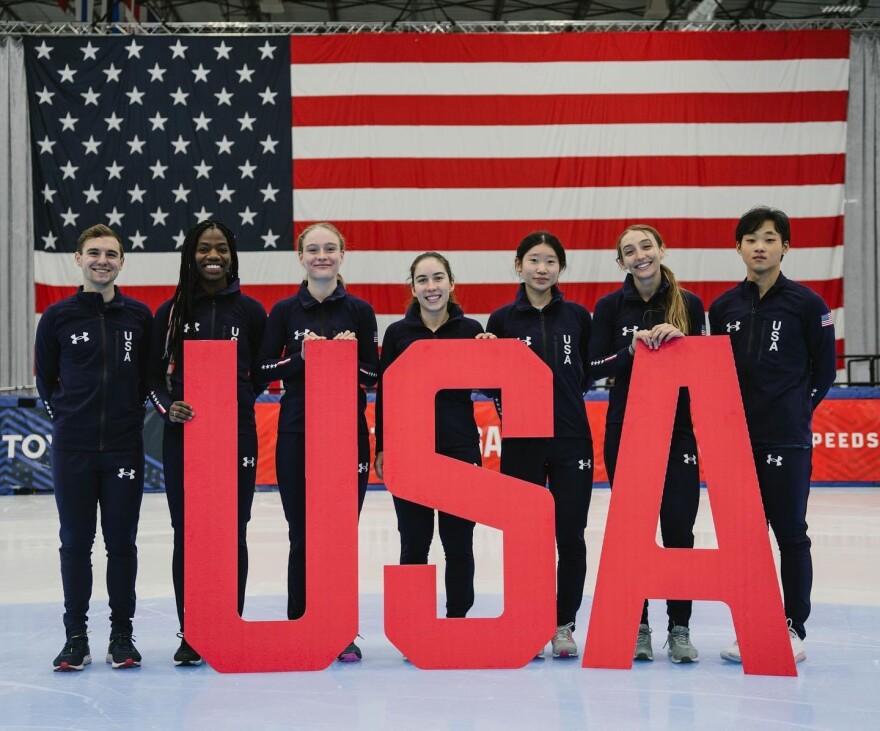 Washingtonians Corinne Stoddard of Federal Way (third from left) and Eunice Lee of Bellevue (third from right) punched their tickets to Beijing at the 2022 U.S. Olympic Short Track Speedskating Team Trials in December.