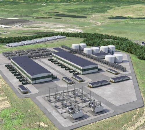 Artist's rendering of the hydrogen production plant proposed in Centralia, Washington, by Australia-based Fortescue Future Industries. The soon-to-close Centralia coal power station can be seen at left rear.