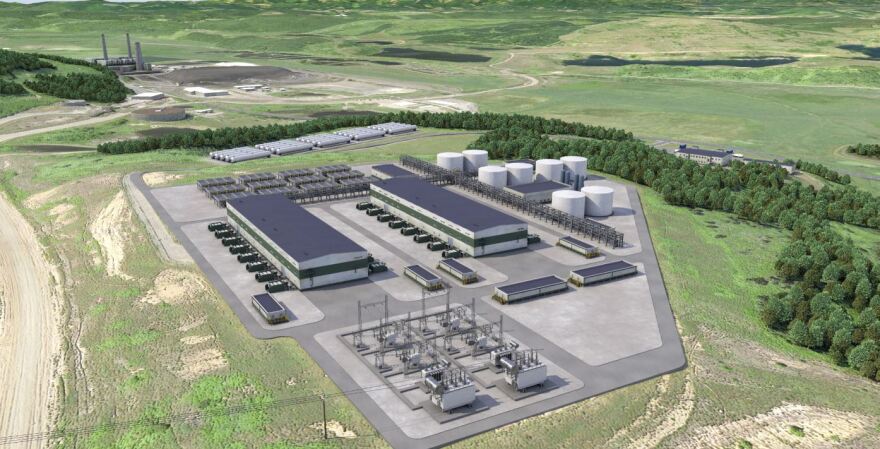 Artist's rendering of the hydrogen production plant proposed in Centralia, Washington, by Australia-based Fortescue Future Industries. The soon-to-close Centralia coal power station can be seen at left rear.