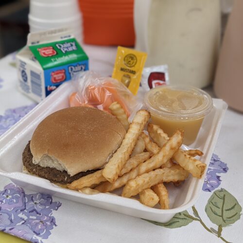 Hamburger, Fries, milk