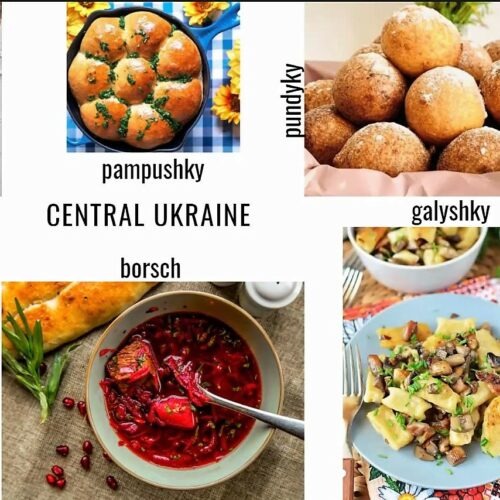 A screen shows brightly colored pastries, soup, and other dishes from Ukrainian culture.