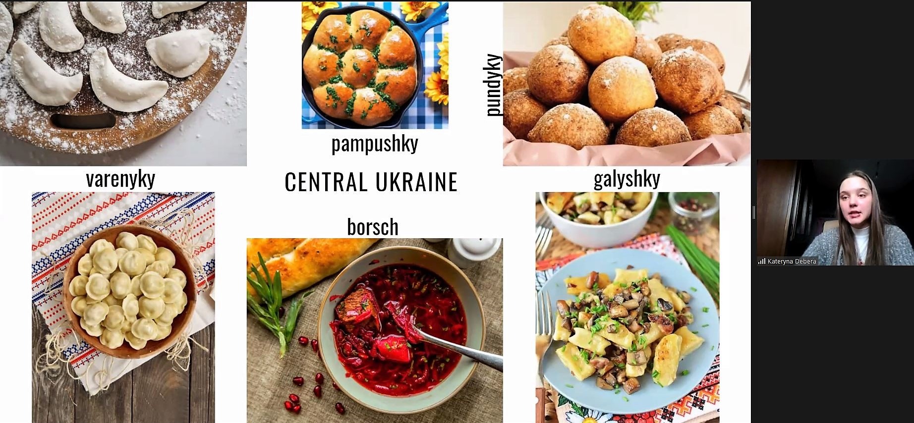 A screen shows brightly colored pastries, soup, and other dishes from Ukrainian culture.