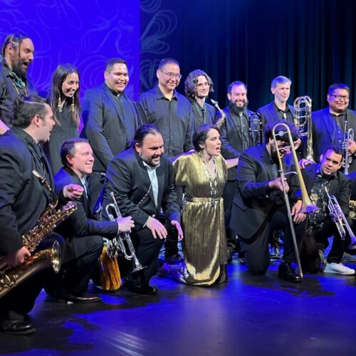 The Julia Keefe Indigenous Big Band posed for a commemorative photo after their premiere in Olympia on May 19, 2022.