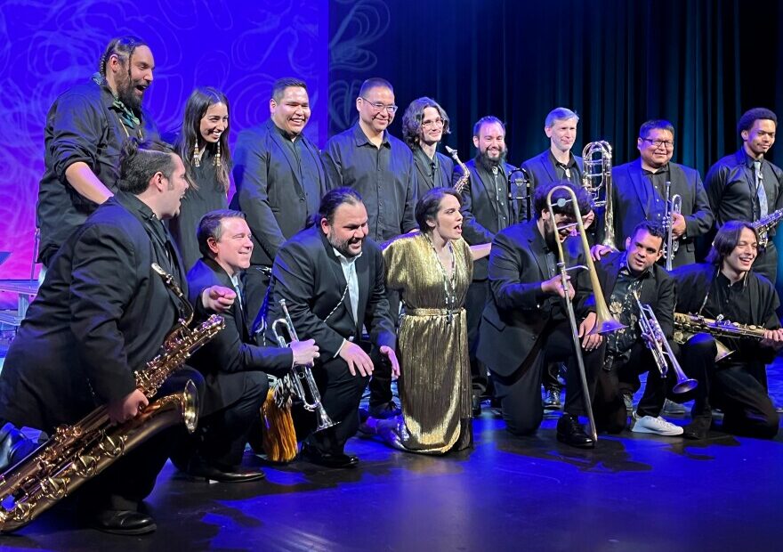 The Julia Keefe Indigenous Big Band posed for a commemorative photo after their premiere in Olympia on May 19, 2022.