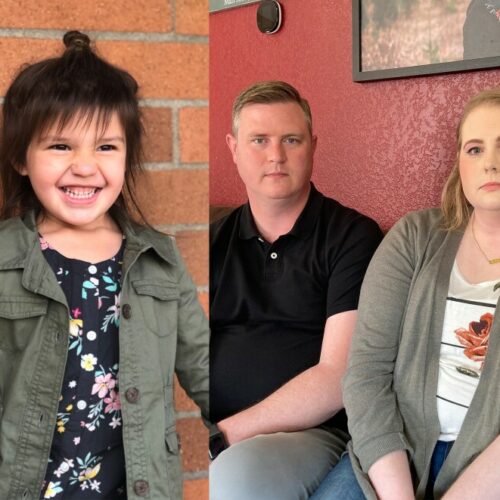 Missing 5-year-old Oakley Carlson, left, next to an image of her former foster parents Erik and Jamie Jo Hiles of Elma, Washington. The couple has concerns about how Washington's Department of Children Youth and Families handled Oakley's child welfare case and the decision to return the girl to her biological parents.