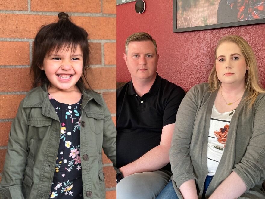 Missing 5-year-old Oakley Carlson, left, next to an image of her former foster parents Erik and Jamie Jo Hiles of Elma, Washington. The couple has concerns about how Washington's Department of Children Youth and Families handled Oakley's child welfare case and the decision to return the girl to her biological parents.