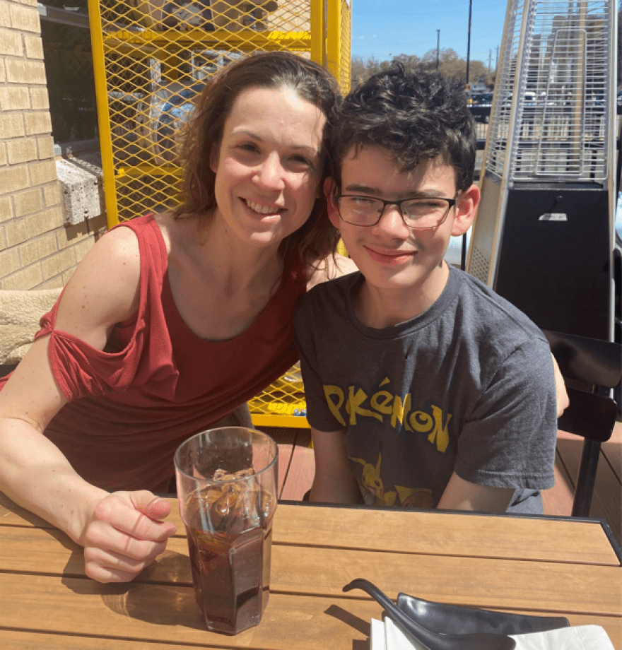 Robin Marie and her 13-year-old son Brennan pose for a photo earlier this spring at a restaurant in Texas. Marie was visiting her son who's living at an out-of-state residential treatment facility paid for by his local school district and the state.