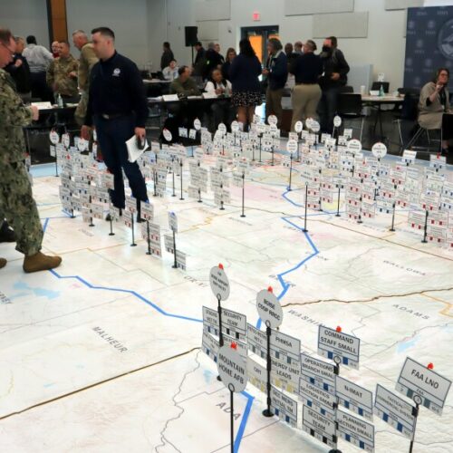 Emergency planners could move pins representing earthquake response resources during an exercise at Camp Murray, Washington, on May 4.