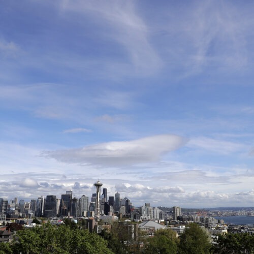 A skyline of seattle shows big skyscrapers surrounded by green foliage against a blue sky with white clouds.