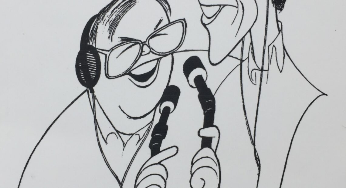 Caricature drawing in black and white of the two radio hosts: BIll and Bob. Both characters hold bendy microphones and look at each other.