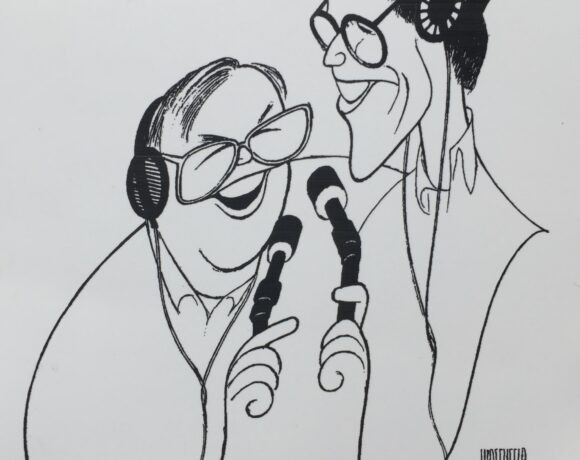 Caricature drawing in black and white of the two radio hosts: BIll and Bob. Both characters hold bendy microphones and look at each other.