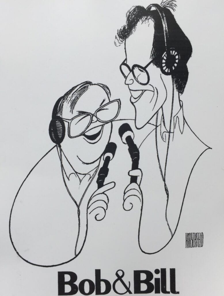 Caricature drawing in black and white of the two radio hosts: BIll and Bob. Both characters hold bendy microphones and look at each other.