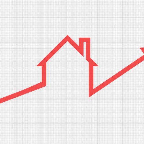 A red line outlines the shape of a house with the arrow trending up against a grey background.