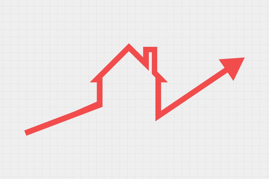 A red line outlines the shape of a house with the arrow trending up against a grey background.