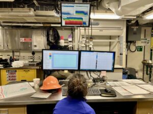 Scientist Rachel Kaplan watches for krill in accoustics frequencies on the Bell M. Shimada.