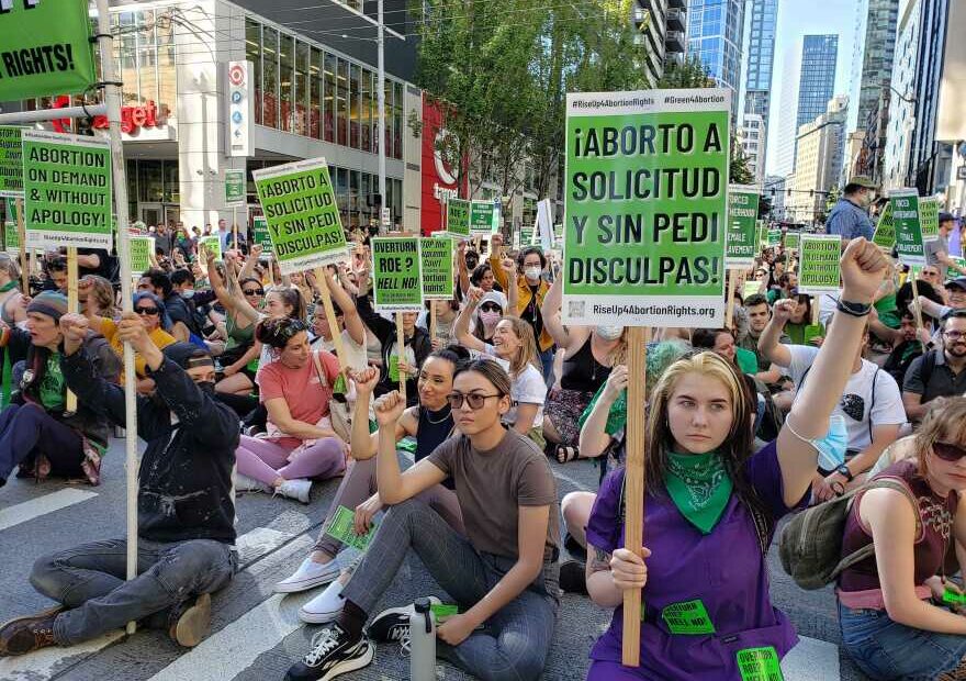 Protesters gather in Seattle after the U.S. Supreme Court overturned Roe V. Wade