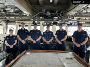 Bell M. Shimada officers (from left) Cmdr. Amanda Goeller; Lt. Cmdr. Justin Ellis; Lt. Justin Boeck; Lt. j.g. Jeff Calderon; Lt. Terril Efird; and Ensign Tyler Hall.