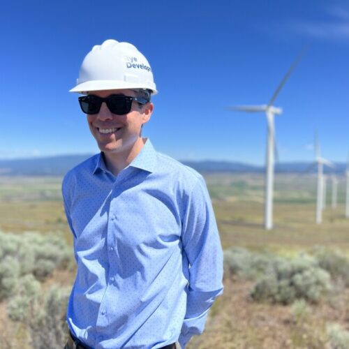 Erik Steimle, vice president of Rye Development, stands near where his company would like to build an upper reservoir for a pumped storage project near Goldendale, Washington.