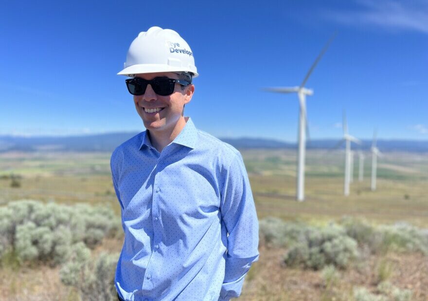 Erik Steimle, vice president of Rye Development, stands near where his company would like to build an upper reservoir for a pumped storage project near Goldendale, Washington.