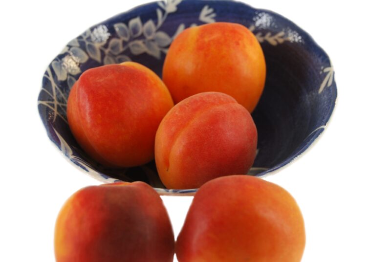 Bright orange and red Robada apricots sit in a blue and white bowl atop a white counter.