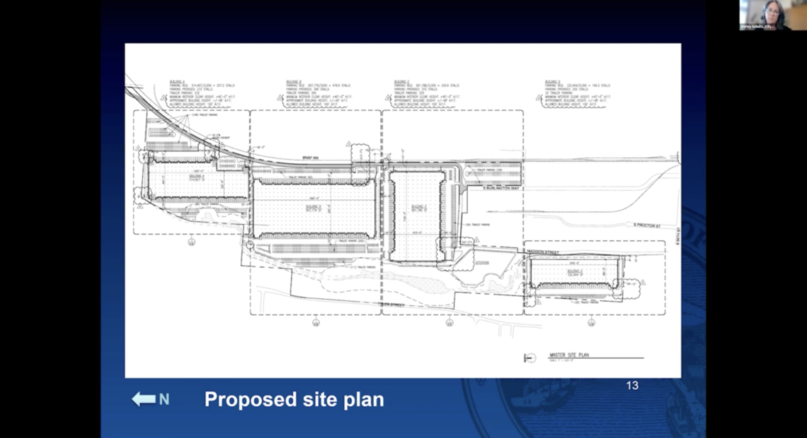 The proposed site plan for the Bridge Industrial warehouse in the Tacoma Mall Neighborhood.