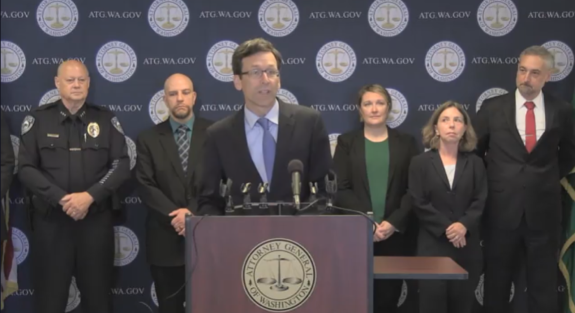 Washington Attorney General Bob Ferguson speaks at a news conference to announce the first convictions stemming from a forensic genealogy grant program his office created to help local police agencies solve cold cases.