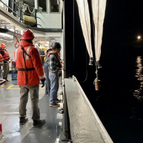 Crew members on the Bell M. Shimada drop a net into the ocean at night