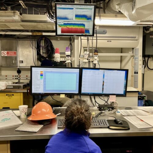Scientist Rachel Kaplan watches for krill in accoustics frequencies on the Bell M. Shimada