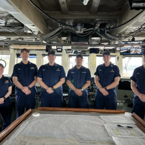 Bell M. Shimada officers (from left) Cmdr. Amanda Goeller; Lt. Cmdr. Justin Ellis; Lt. Justin Boeck; Lt. j.g. Jeff Calderon; Lt. Terril Efird; and Ensign Tyler Hall