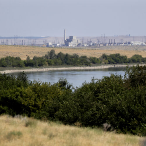 Buildings on the Hanford Nuclear Reservation along the Columbia River are seen from the Hanford Reach National Monument near Richland, Wash.